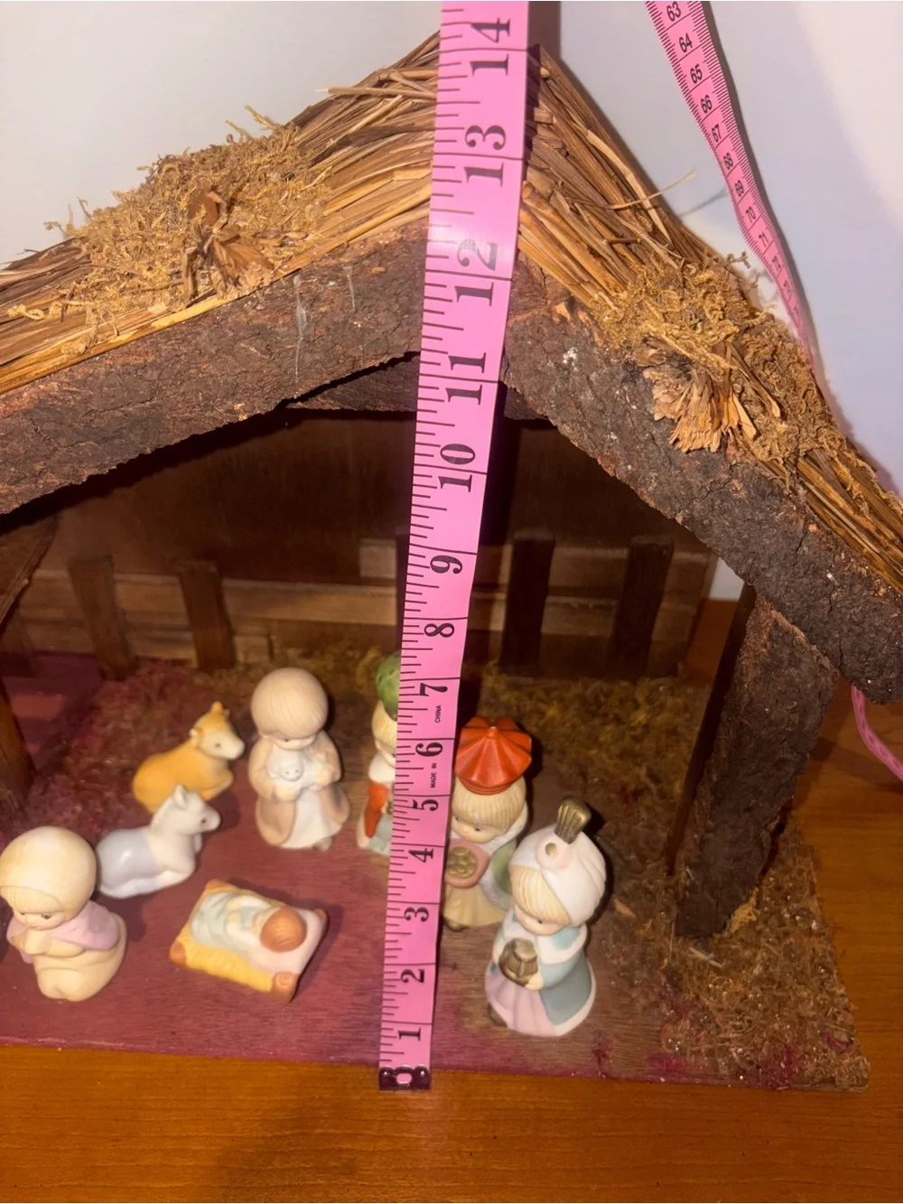 Vintage Christmas Wooden Nativity Set with Pastel Porcelain Figurines